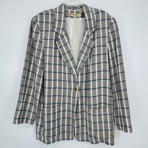 Roo Crossing Plaid Linen Blend Blazer L Beige Blue Summer Sport Coat